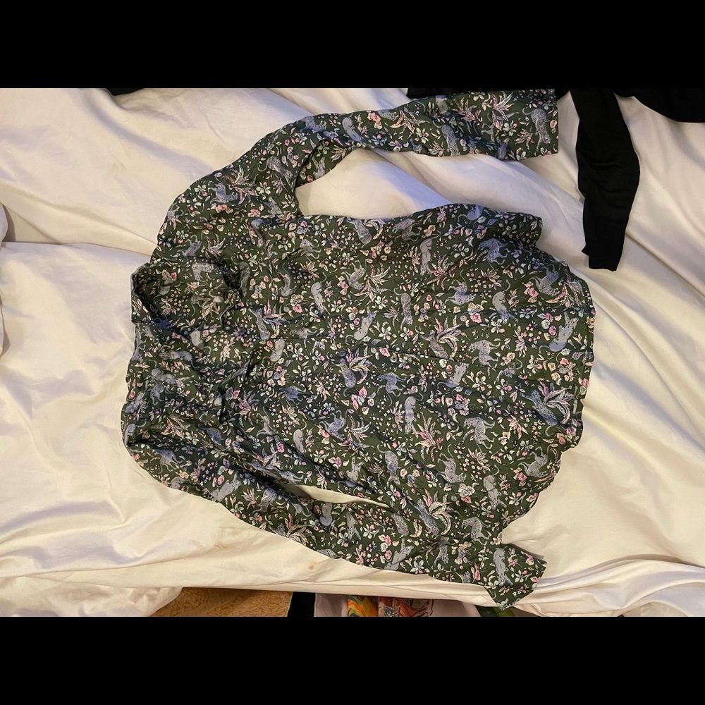 100% Silk J Crew Jungle Print Blouse and Pants Size 0 Green Leopard